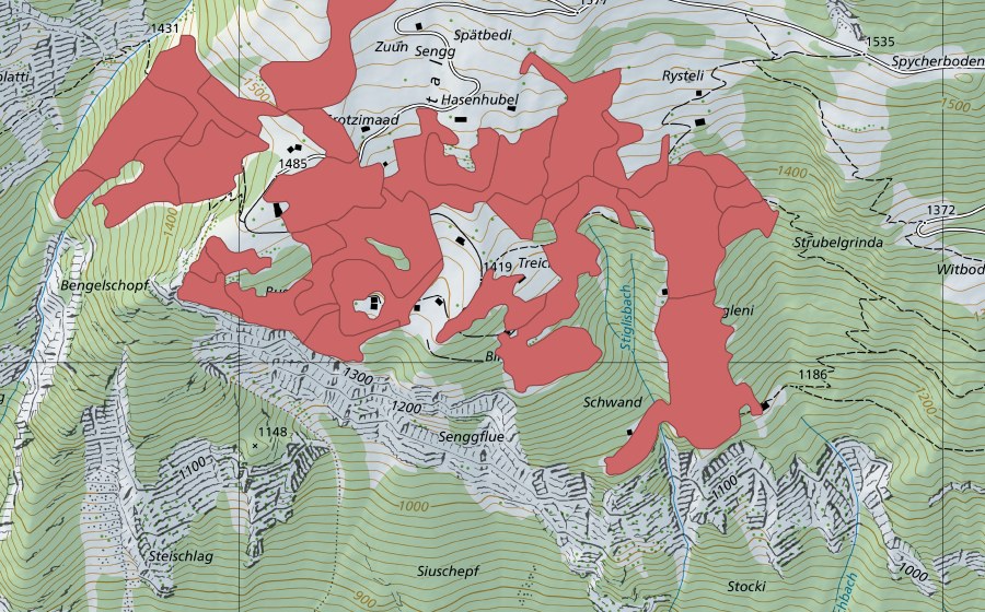 Carte nationale swisstopo avec le périmètre protégé de Sengg (Prairie sèche)