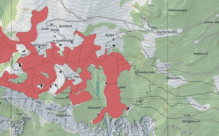 Carte nationale swisstopo avec le périmètre protégé de Sengg (Prairie sèche)