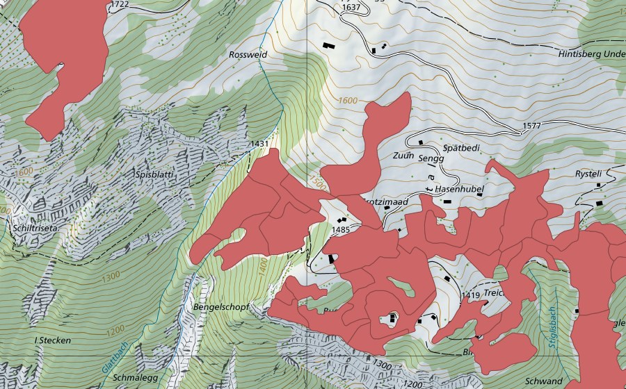 Landeskarte swisstopo mit dem Schutzperimeter von Sengg (Trockenwiese)