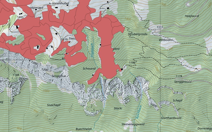 swisstopo national map showing the protected perimeter of Sengg (Dry meadow)