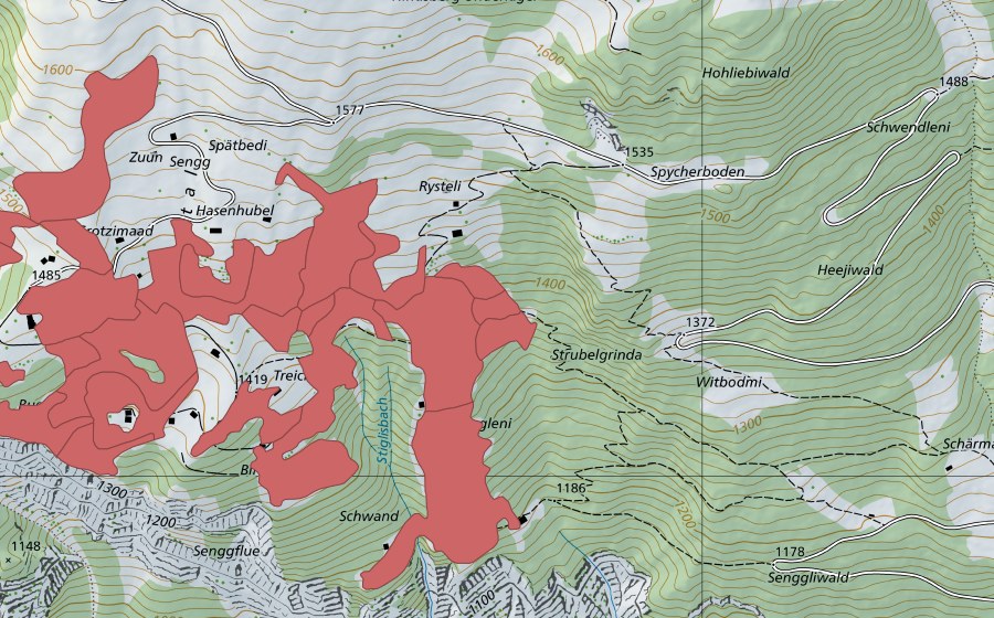 Carte nationale swisstopo avec le périmètre protégé de Sengg (Prairie sèche)