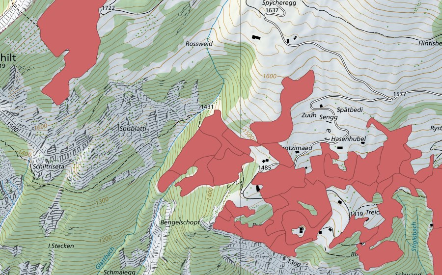 Carta nazionale swisstopo con il perimetro protetto di Sengg (Prato secco)