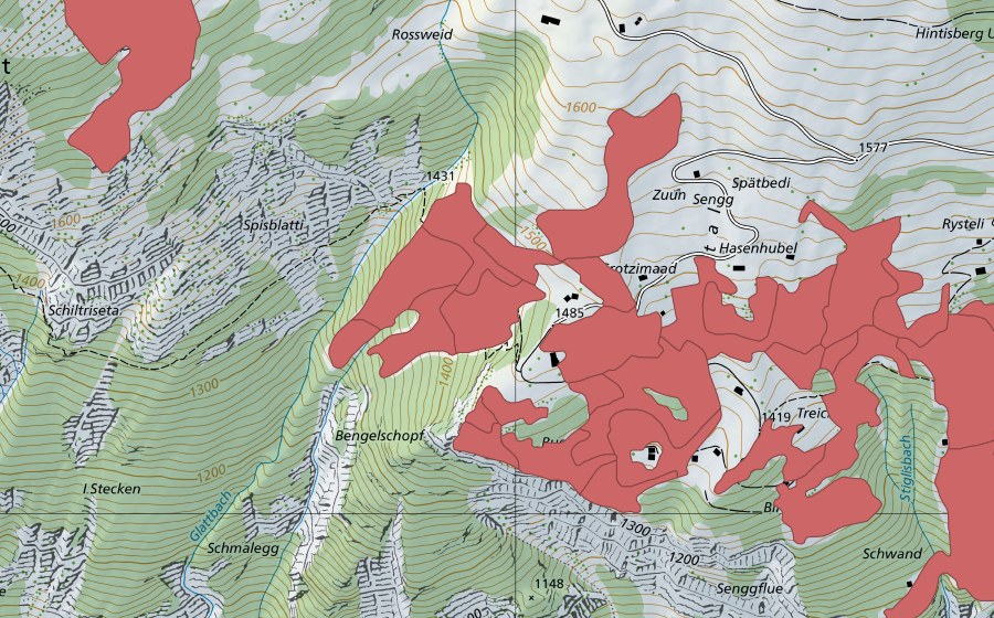 Carte nationale swisstopo avec le périmètre protégé de Sengg (Prairie sèche)
