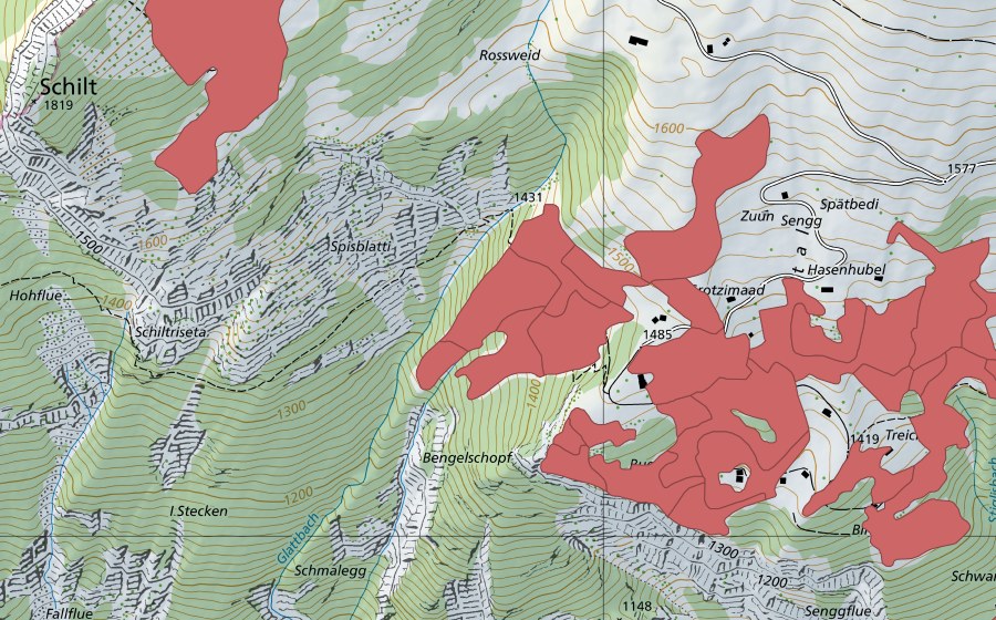Landeskarte swisstopo mit dem Schutzperimeter von Sengg (Trockenwiese)