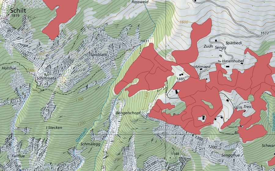 Landeskarte swisstopo mit dem Schutzperimeter von Sengg (Trockenwiese)