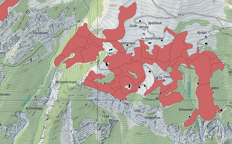 swisstopo national map showing the protected perimeter of Sengg (Dry meadow)