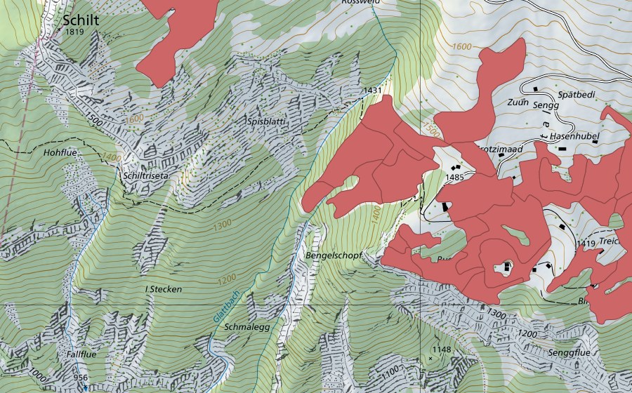 Carte nationale swisstopo avec le périmètre protégé de Sengg (Prairie sèche)