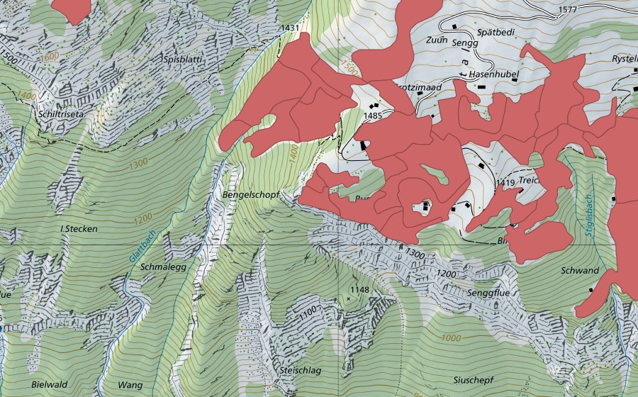 Carte nationale swisstopo avec le périmètre protégé de Sengg (Prairie sèche)