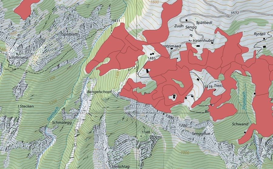 Landeskarte swisstopo mit dem Schutzperimeter von Sengg (Trockenwiese)