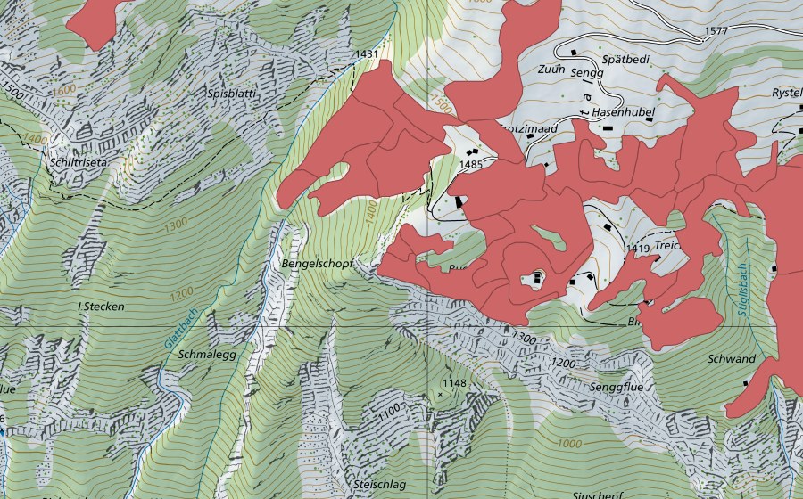 Carte nationale swisstopo avec le périmètre protégé de Sengg (Prairie sèche)