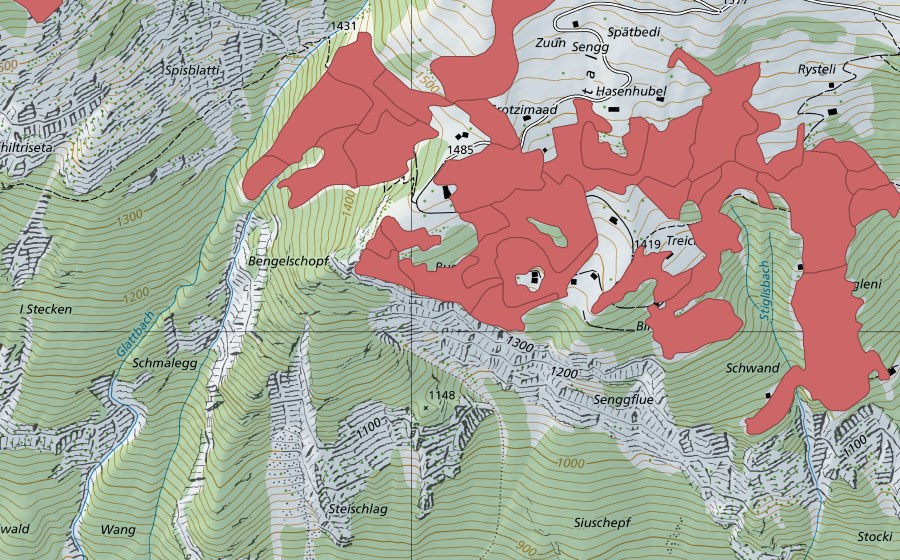 swisstopo national map showing the protected perimeter of Sengg (Dry meadow)