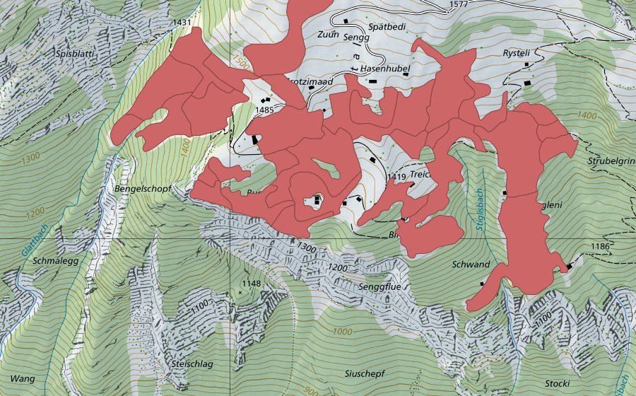 swisstopo national map showing the protected perimeter of Sengg (Dry meadow)