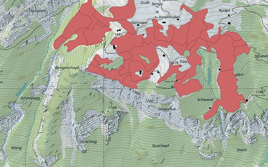 Carte nationale swisstopo avec le périmètre protégé de Sengg (Prairie sèche)