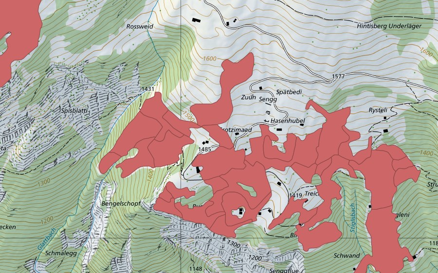 Carte nationale swisstopo avec le périmètre protégé de Sengg (Prairie sèche)