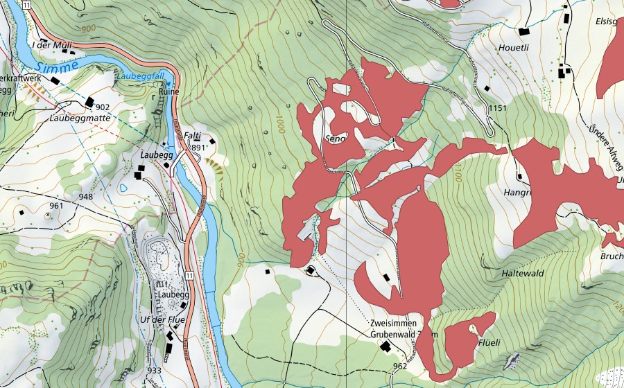 Carte nationale swisstopo avec le périmètre protégé de Senggi (Prairie sèche)