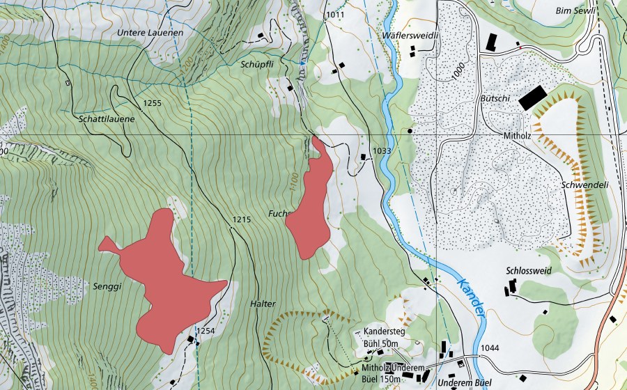 Carta nazionale swisstopo con il perimetro protetto di Senggi (Prato secco)