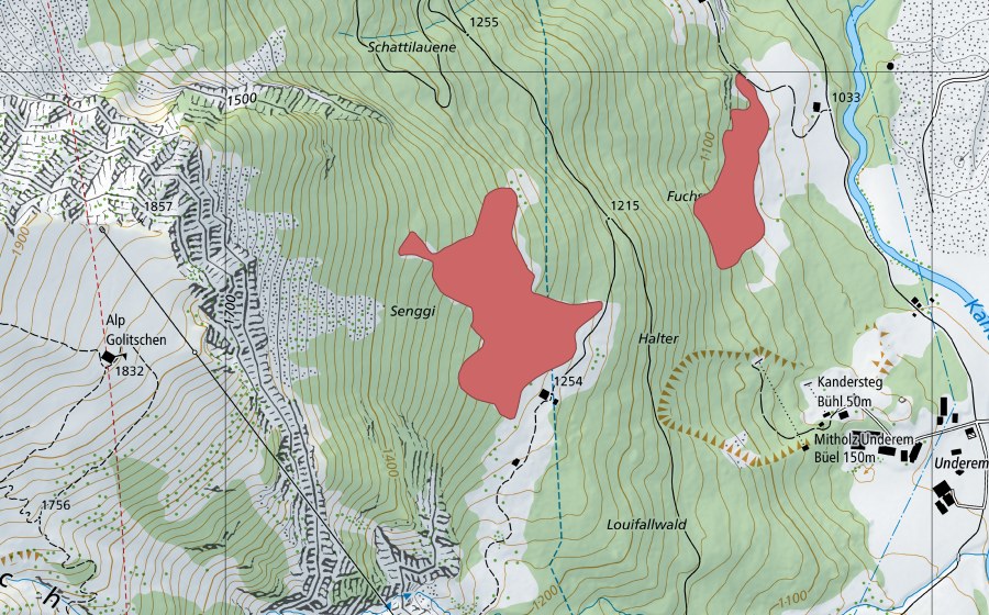 Carte nationale swisstopo avec le périmètre protégé de Senggi (Prairie sèche)
