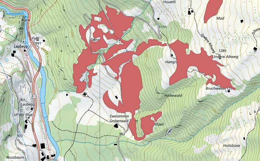 swisstopo national map showing the protected perimeter of Senggi (Dry meadow)