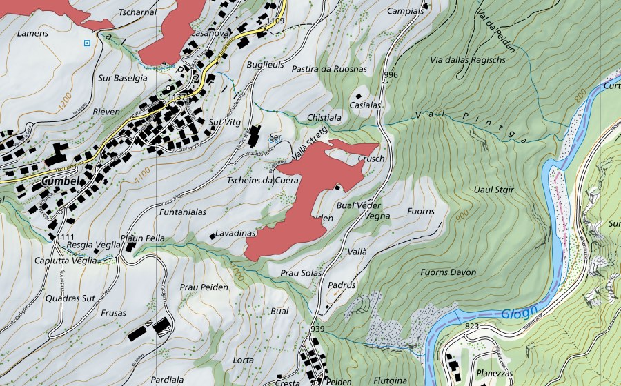 Carte nationale swisstopo avec le périmètre protégé de Serenera (Prairie sèche)