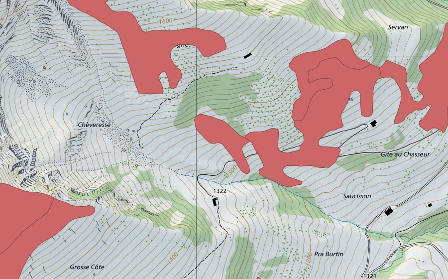 Carte nationale swisstopo avec le périmètre protégé de Servan (Prairie sèche)
