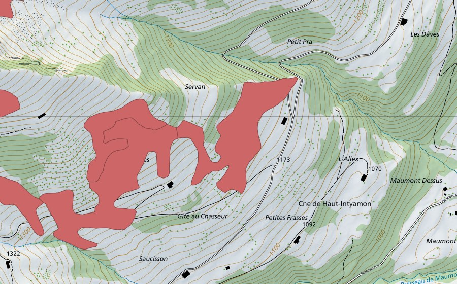 Carte nationale swisstopo avec le périmètre protégé de Servan (Prairie sèche)
