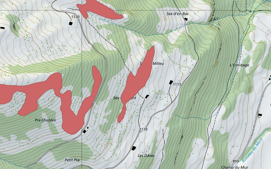 swisstopo national map showing the protected perimeter of Sex d'Amont (Dry meadow)