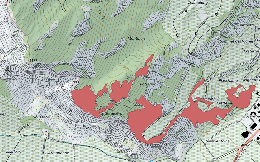 swisstopo national map showing the protected perimeter of Sex de Gru (Dry meadow)