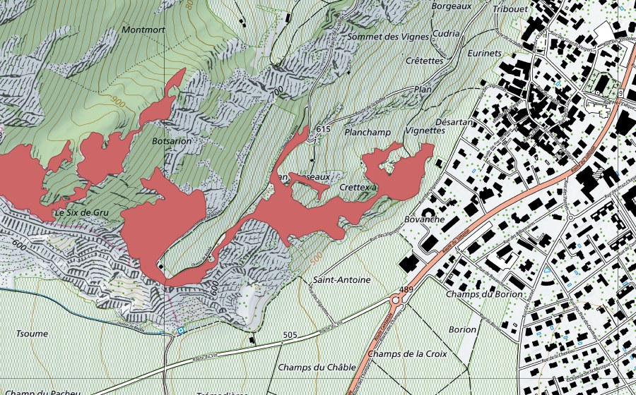 swisstopo national map showing the protected perimeter of Sex de Gru (Dry meadow)