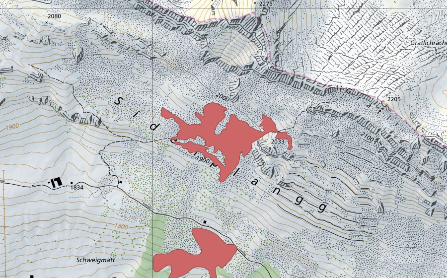 Carte nationale swisstopo avec le périmètre protégé de Sidenplangg (Prairie sèche)