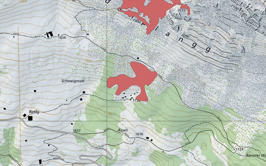 Landeskarte swisstopo mit dem Schutzperimeter von Sidenplangg (Trockenwiese)