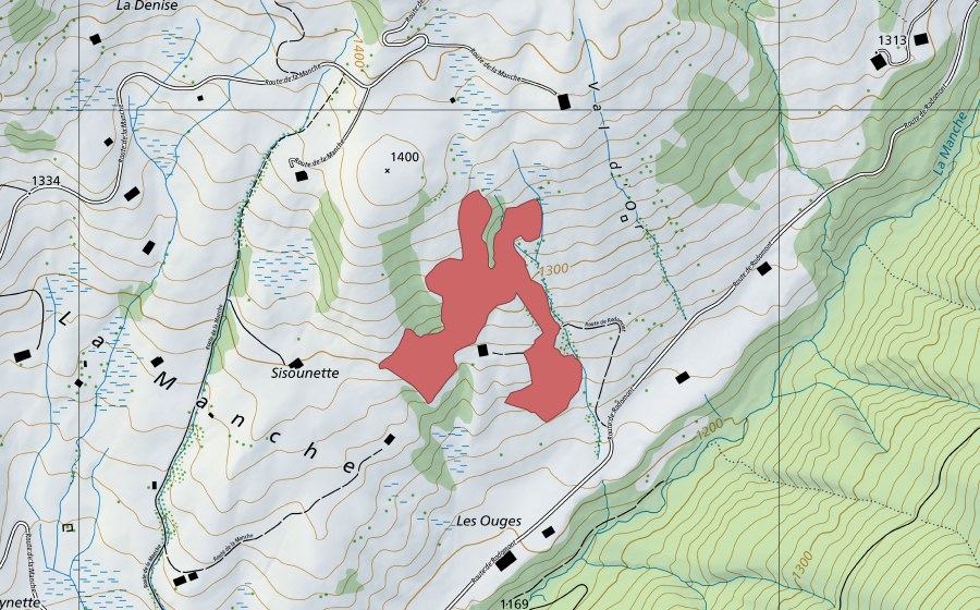 swisstopo national map showing the protected perimeter of Sisounette (Dry meadow)