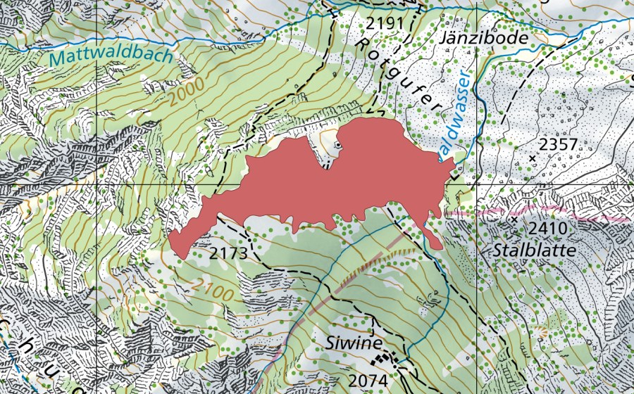 swisstopo national map showing the protected perimeter of Siwibode (Dry meadow)