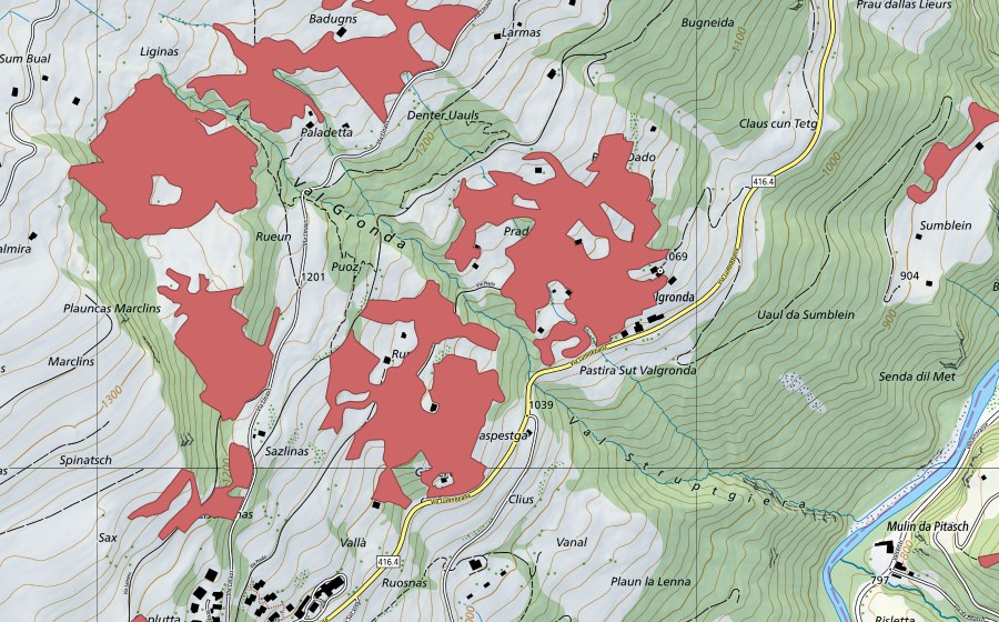 swisstopo national map showing the protected perimeter of Sogn Murezi (Dry meadow)