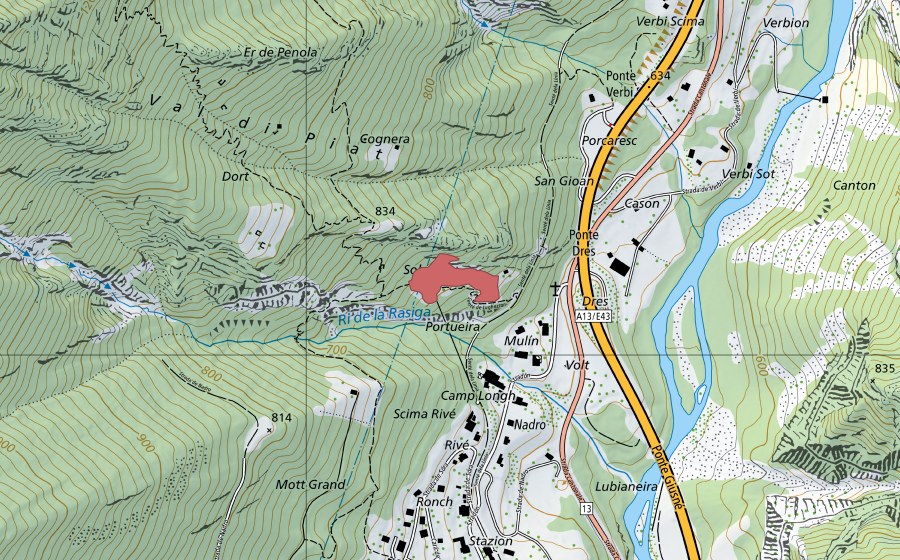 Landeskarte swisstopo mit dem Schutzperimeter von Soladro (Trockenwiese)