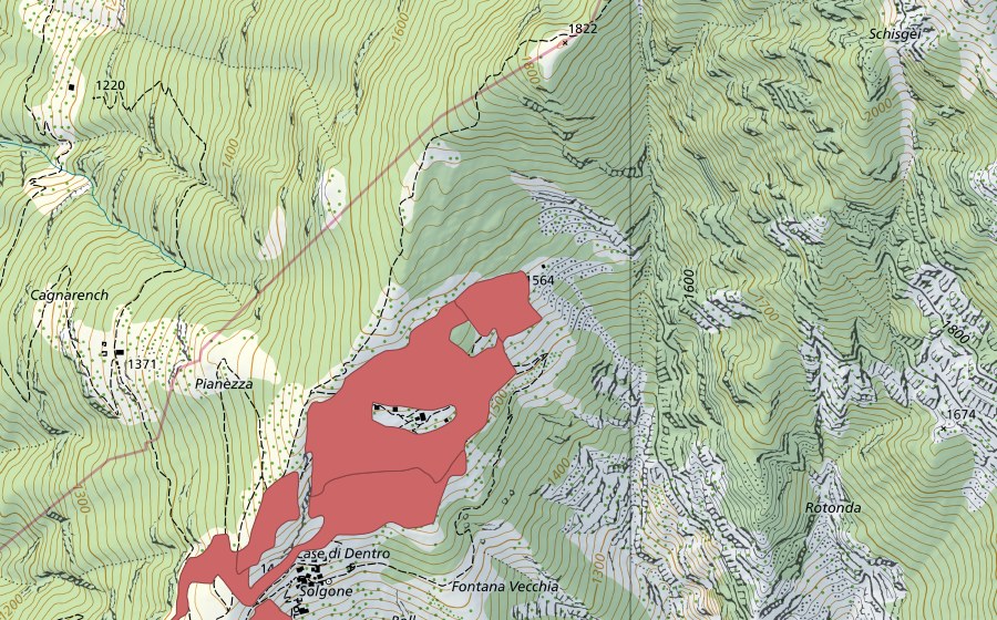 swisstopo national map showing the protected perimeter of Solgone (Dry meadow)