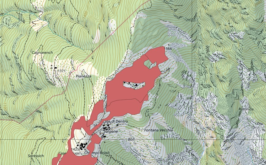 swisstopo national map showing the protected perimeter of Solgone (Dry meadow)