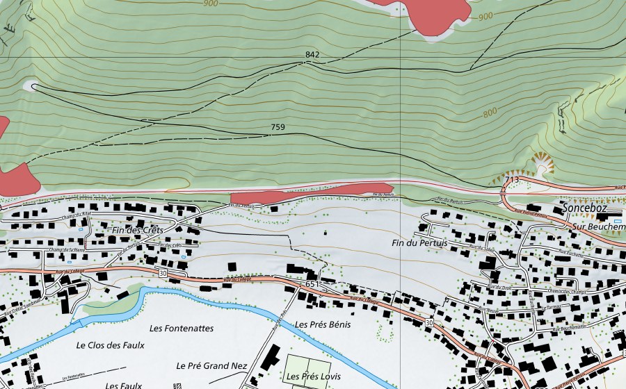 swisstopo national map showing the protected perimeter of Sombeval (Dry meadow)