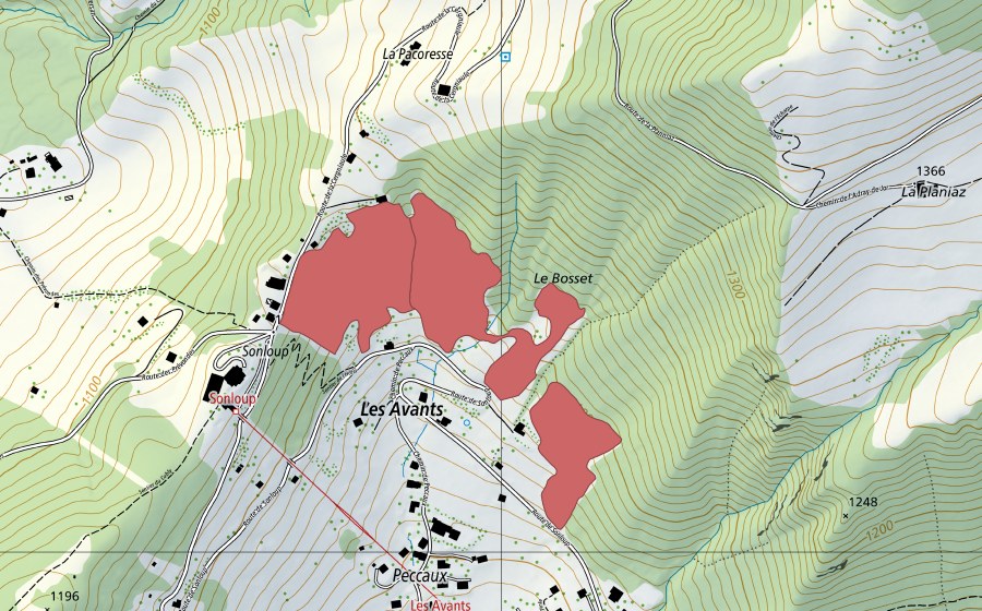 Carte nationale swisstopo avec le périmètre protégé de Sonloup (Prairie sèche)