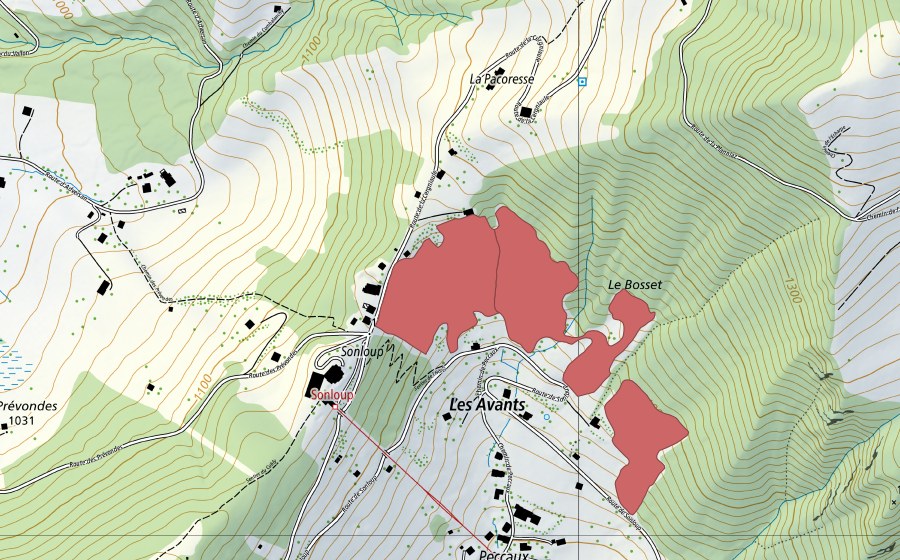 Carte nationale swisstopo avec le périmètre protégé de Sonloup (Prairie sèche)