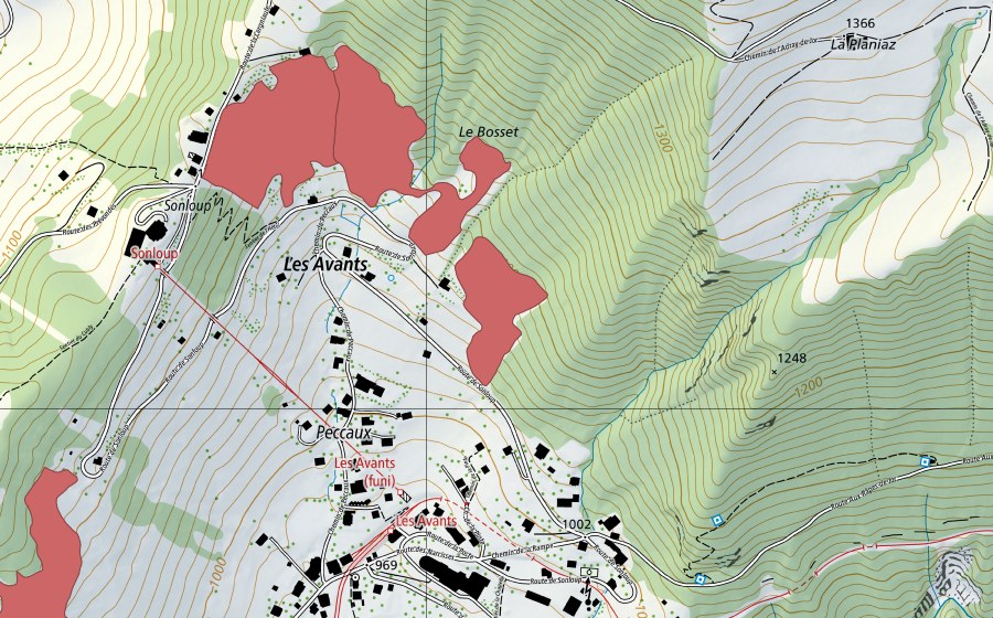 Carte nationale swisstopo avec le périmètre protégé de Sonloup (Prairie sèche)