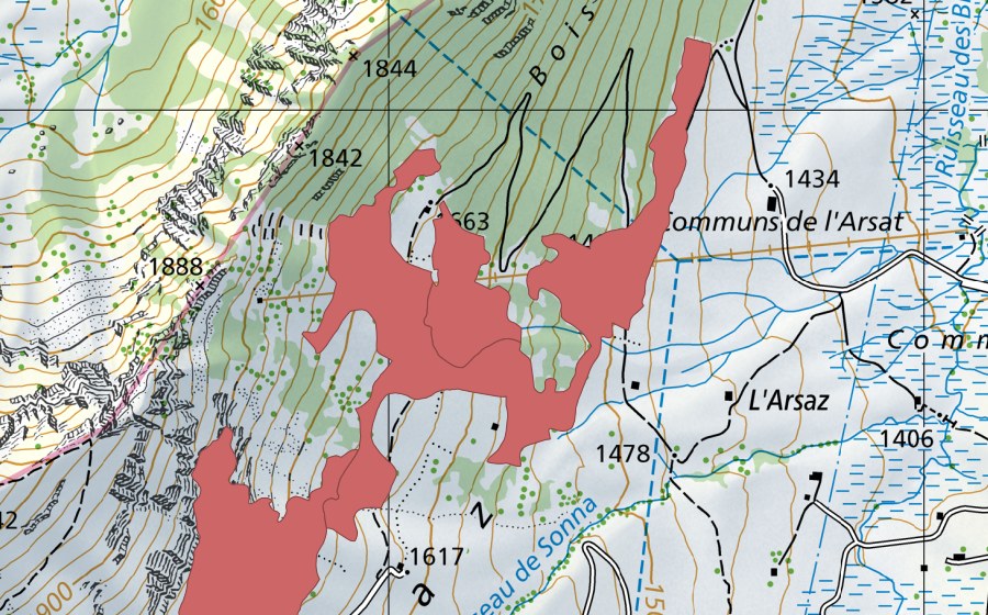swisstopo national map showing the protected perimeter of Sonna (Dry meadow)