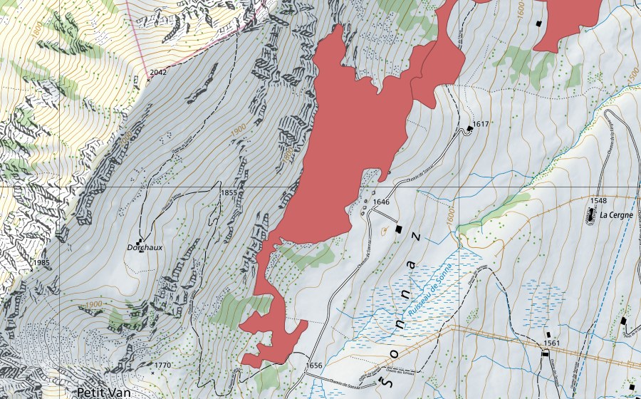 swisstopo national map showing the protected perimeter of Sonna (Dry meadow)
