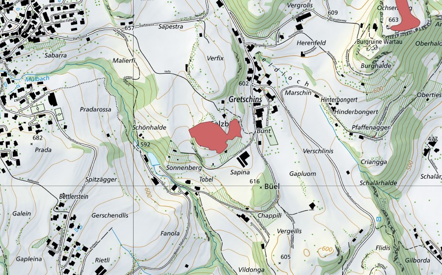 swisstopo national map showing the protected perimeter of Sonnenberg (Dry meadow)