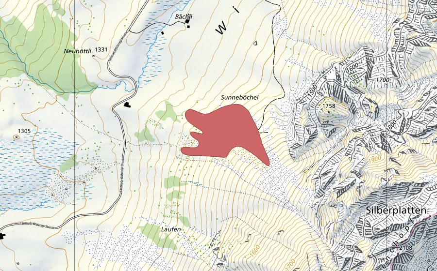 swisstopo national map showing the protected perimeter of Sonnenbüchel (Dry meadow)