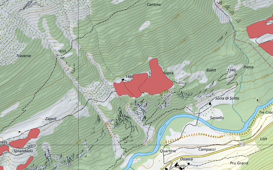 swisstopo national map showing the protected perimeter of Soria Sopra (Dry meadow)