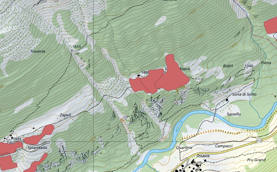 swisstopo national map showing the protected perimeter of Soria Sopra (Dry meadow)