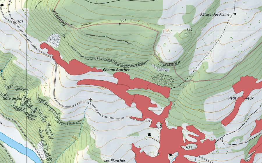 Carte nationale swisstopo avec le périmètre protégé de Soubey (Prairie sèche)
