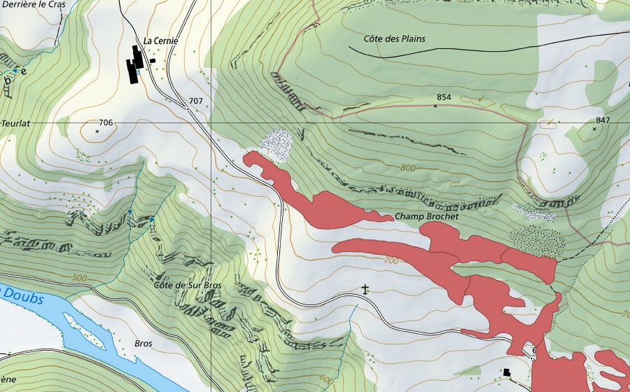 swisstopo national map showing the protected perimeter of Soubey (Dry meadow)