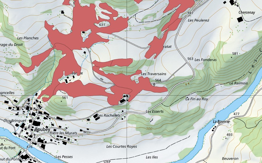 swisstopo national map showing the protected perimeter of Soubey (Dry meadow)