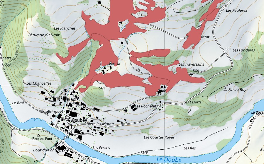 Carte nationale swisstopo avec le périmètre protégé de Soubey (Prairie sèche)